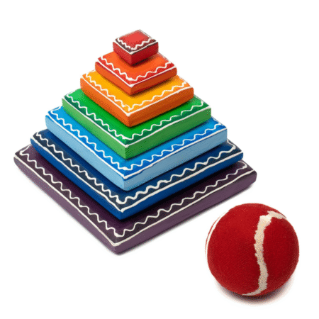 Wooden Lagori set of 10 multi-colored pieces, 10" high. A classic Indian outdoor game for fun, fitness, and cultural activities.